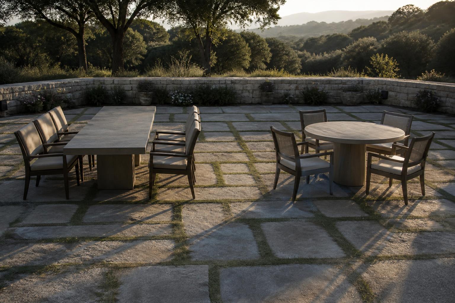 Rectangle outdoor dining table with bench seating for eight on a covered patio