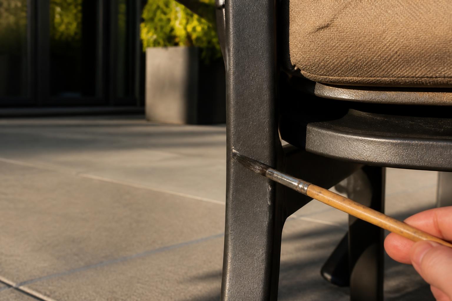 Fine artist brush applying touch-up paint to a small spot on a dark aluminum patio chair frame