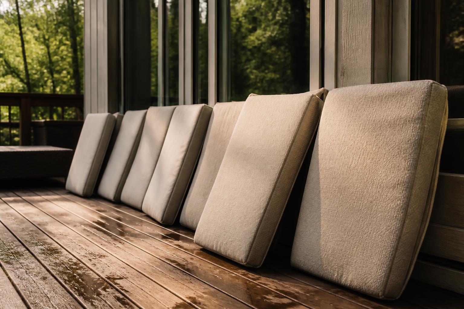 Row of light gray outdoor seat cushions leaning on their edges on a wet wooden deck to air out