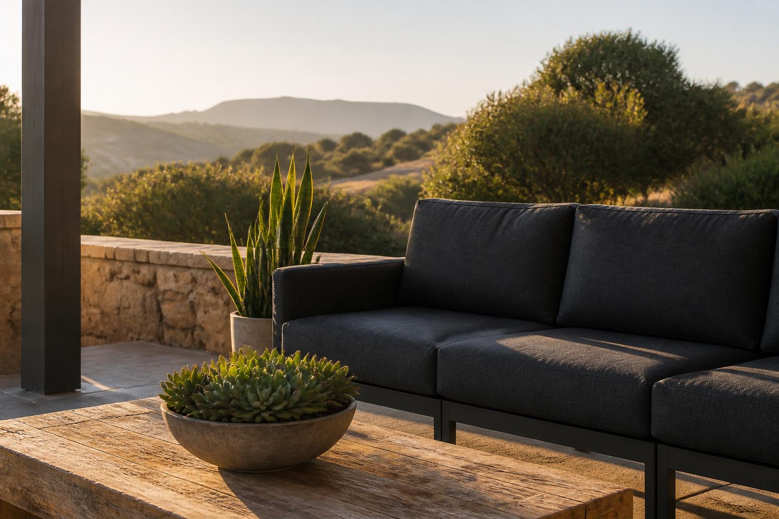 Charcoal outdoor sofa with dark performance-fabric seat and back cushions on a covered stone patio at sunset