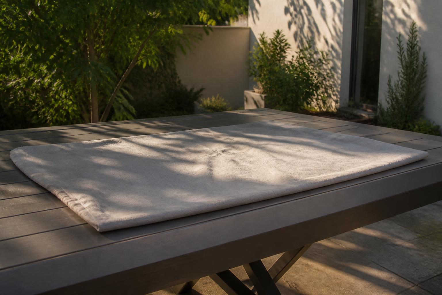 Light gray outdoor cushion cover laid flat to air dry on an aluminum patio table in dappled shade