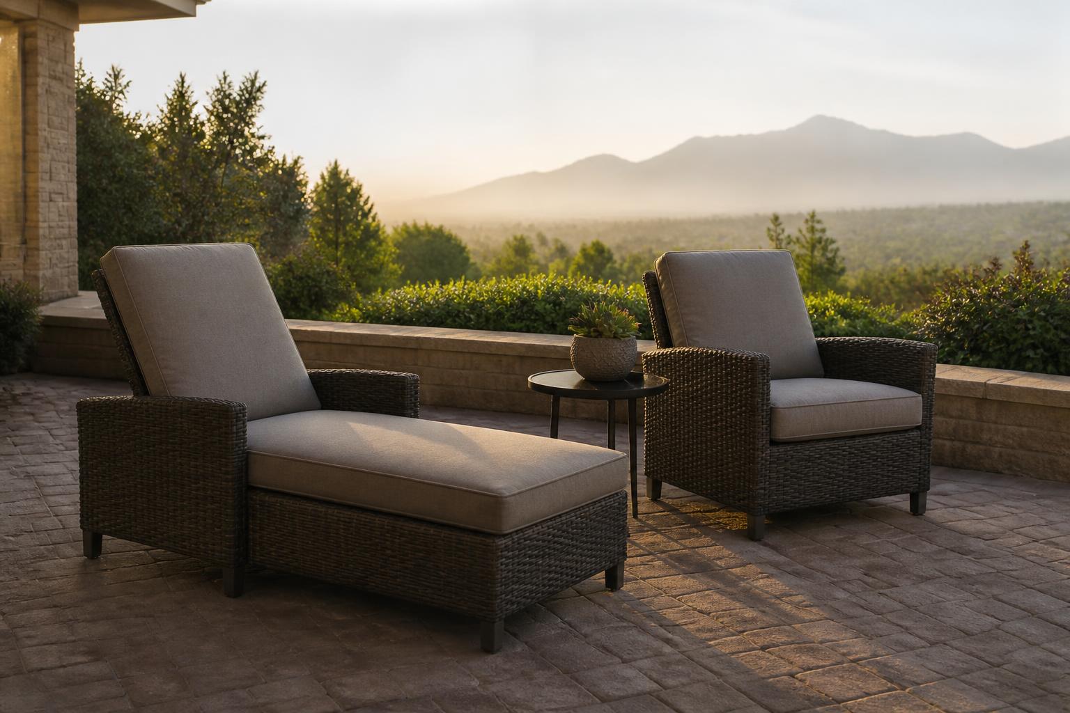 Woven outdoor chaise lounge and armchair with tan cushions on a patterned paver patio at dusk