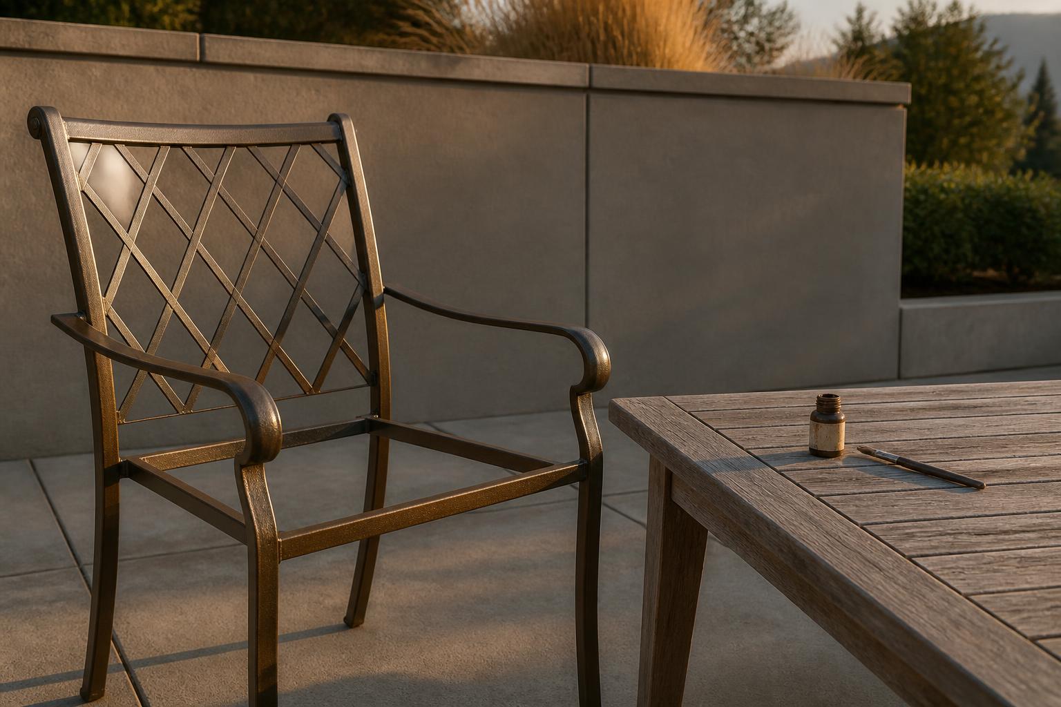 Bronze powder-coated aluminum patio dining chair beside a small touch-up paint bottle and fine brush on a weathered patio table