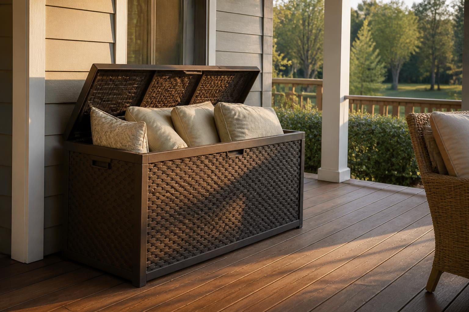 Wicker-style outdoor deck box open on a covered porch holding dry, neutral outdoor cushions