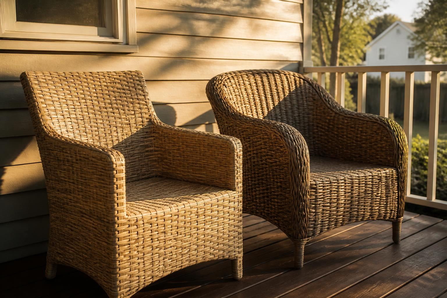 Two woven wicker outdoor armchairs with curved arms on a wooden porch deck in warm evening light