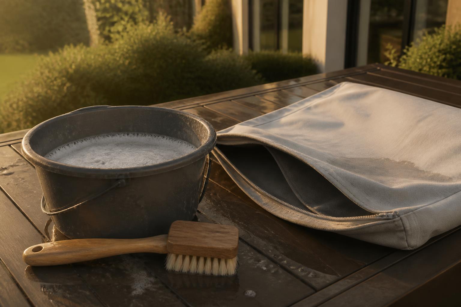 Soft-bristle brush and a bucket of soapy water beside a removable light gray outdoor cushion cover with a zipper