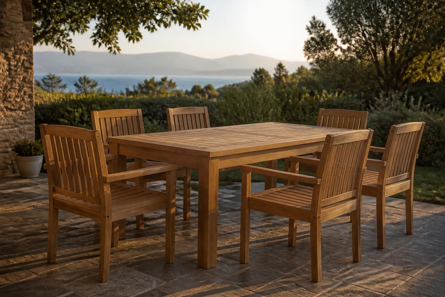 Rectangular teak outdoor dining table with six slatted armchairs on a stone patio in warm golden light