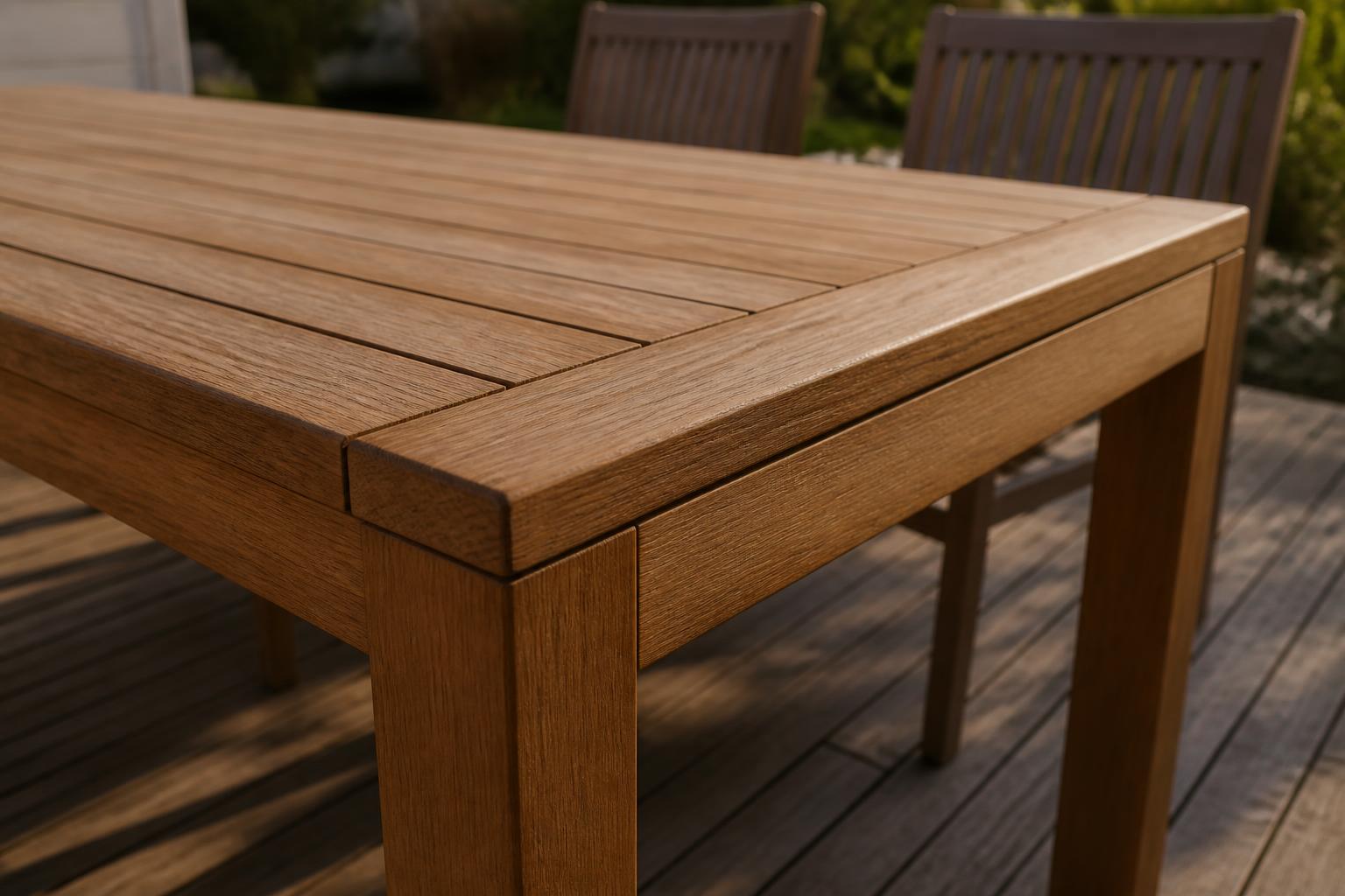 Close-up of a wooden outdoor dining table corner with a slatted top and square legs, chairs behind