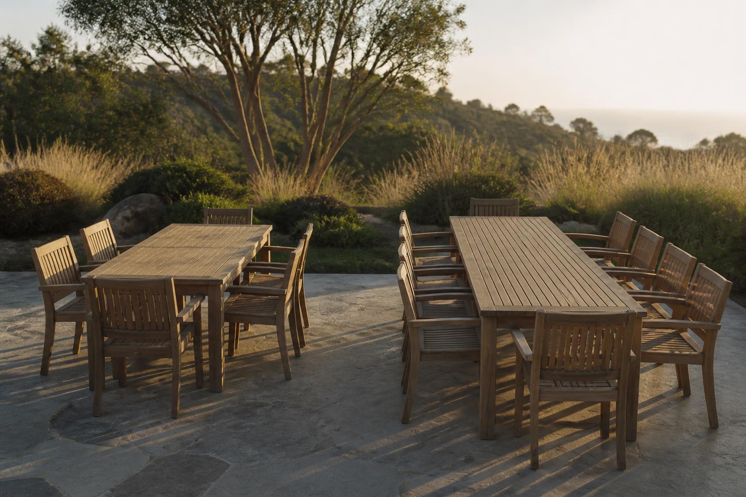 Two long wooden outdoor dining tables surrounded by armchairs on a stone patio in warm low sunlight